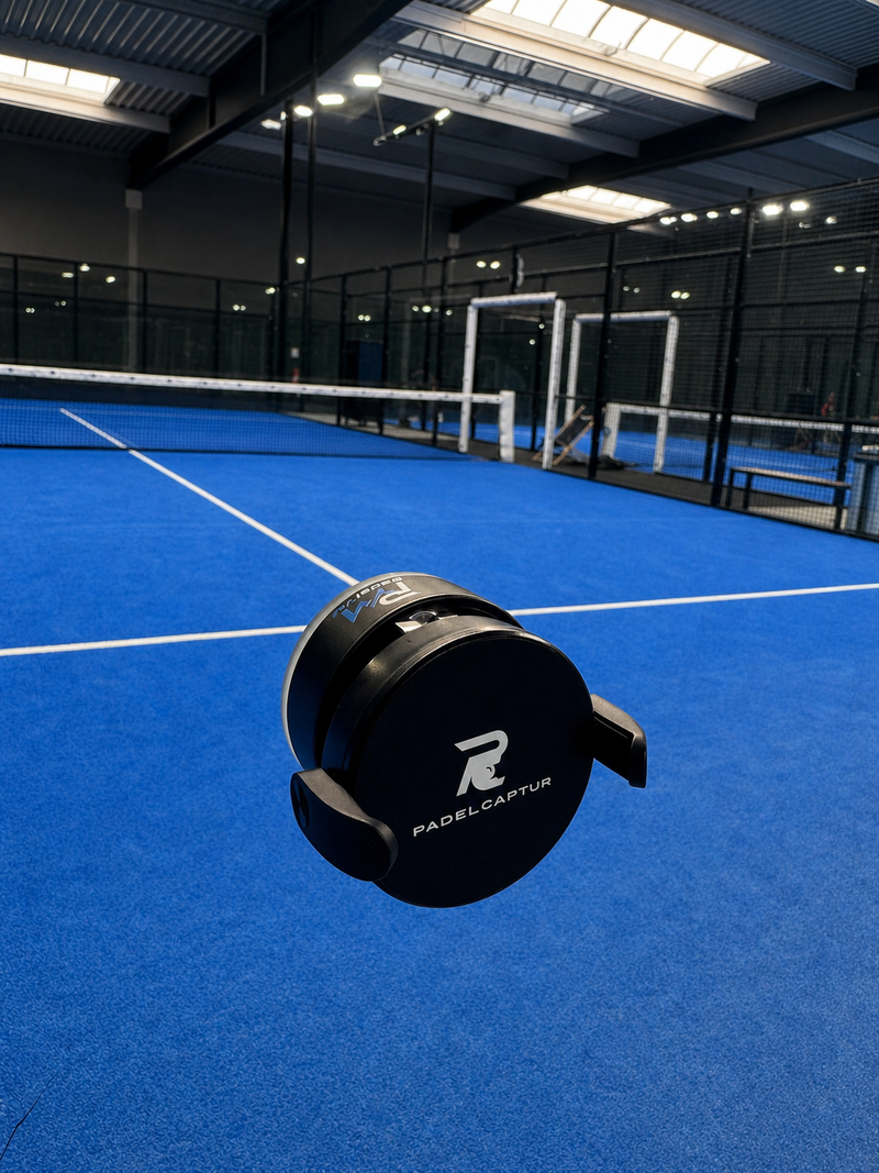 Gros plan du support PADELCAPTUR sur un terrain de padel